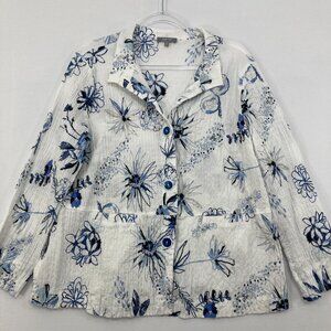 Habitat Large Blue White Floral Cotton Textured Long Sleeve Button Down Relaxed